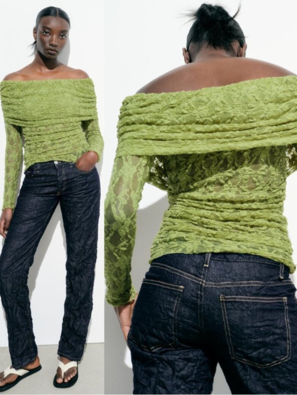 Zara Chartreuse Green Semi Sheer Lace Off Shoulder Top